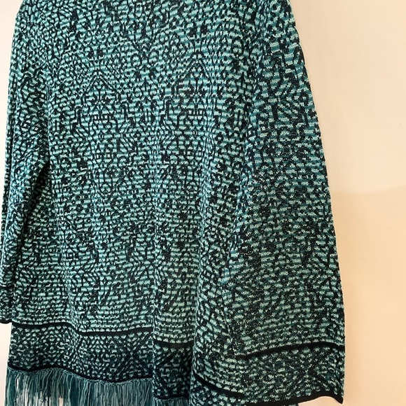 Ruby Rd. petite Sweater PL Cardigan  Teal Navy Patterned Open Front Fringe Hem - Picture 6 of 7